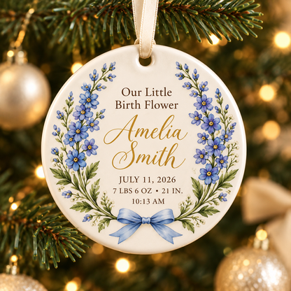 Personalized Baby Birth Flower Ornament, Custom Name & Birth Stats Keepsake, Floral First Christmas Ornament, Gift for New Parents fabfbff0-c3b9-4898-bbab-510a59d2750d-Amelia-s-July-larkspur-keepsake-ornament-2.png