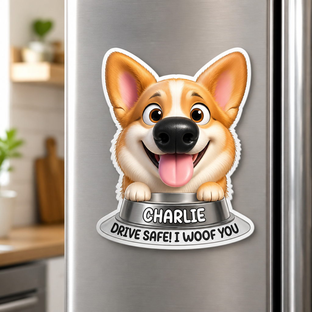 Custom Pet Cartoon Fridge Magnet – Drive Safe | Name + Photo Upload - Personalized Custom Shape Fridge Magnet faf7ff60-047f-4f2f-a8a1-df2eef469968.png