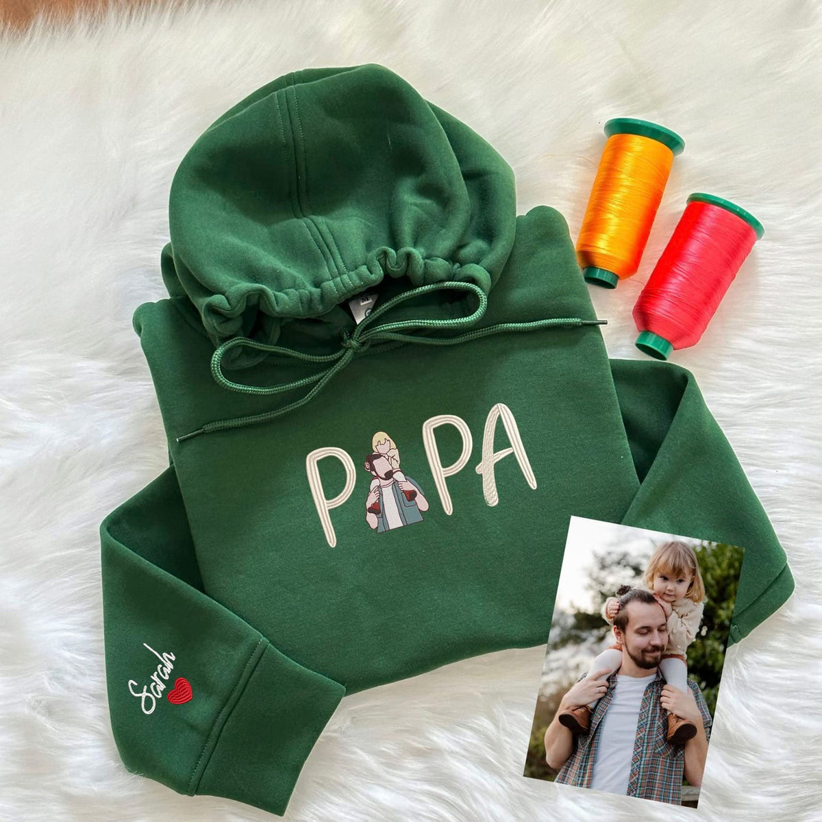 Papa Sweatshirt or Hoodie with Embroidered Dad Photo Portrait, Kids Names on Sleeve, Personalized Fathers Day Gifts from Portrait Photo Sweatshirt, Unique Gifts for Dad