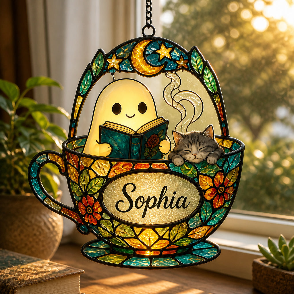 Stained Glass Teacup Suncatcher – Reading Ghost & Cat – Custom Name - Personalized Suncatcher Stained Glass fb02d296-ec59-42f0-b3cd-cc9ca7e098f1.jpg