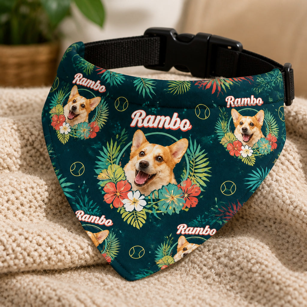 Custom Pet Photo Tropical Wreath Bandana with Name - Personalized Pet Bandana Collar With Adjustable Buckle fb360ce4-1465-4b6c-8839-b24f9f2db0d7.jpg