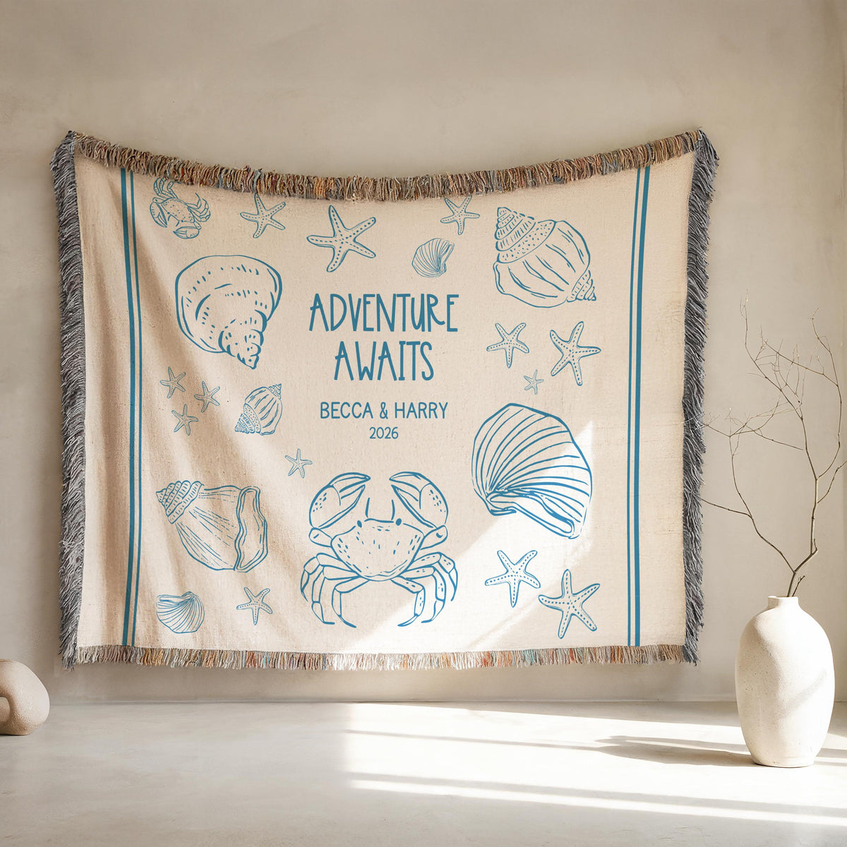 Personalized Couples Woven Throw Blanket | Adventure Awaits Moss Green Boho Stripe, Doodle Style Home Accent Wedding Engagement Anniversary fb46844b-4400-4622-9cb4-cc1488507df3-4.jpg