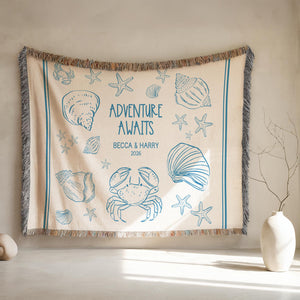 Personalized Couples Woven Throw Blanket | Adventure Awaits Moss Green Boho Stripe, Doodle Style Home Accent Wedding Engagement Anniversary fb46844b-4400-4622-9cb4-cc1488507df3-4.jpg