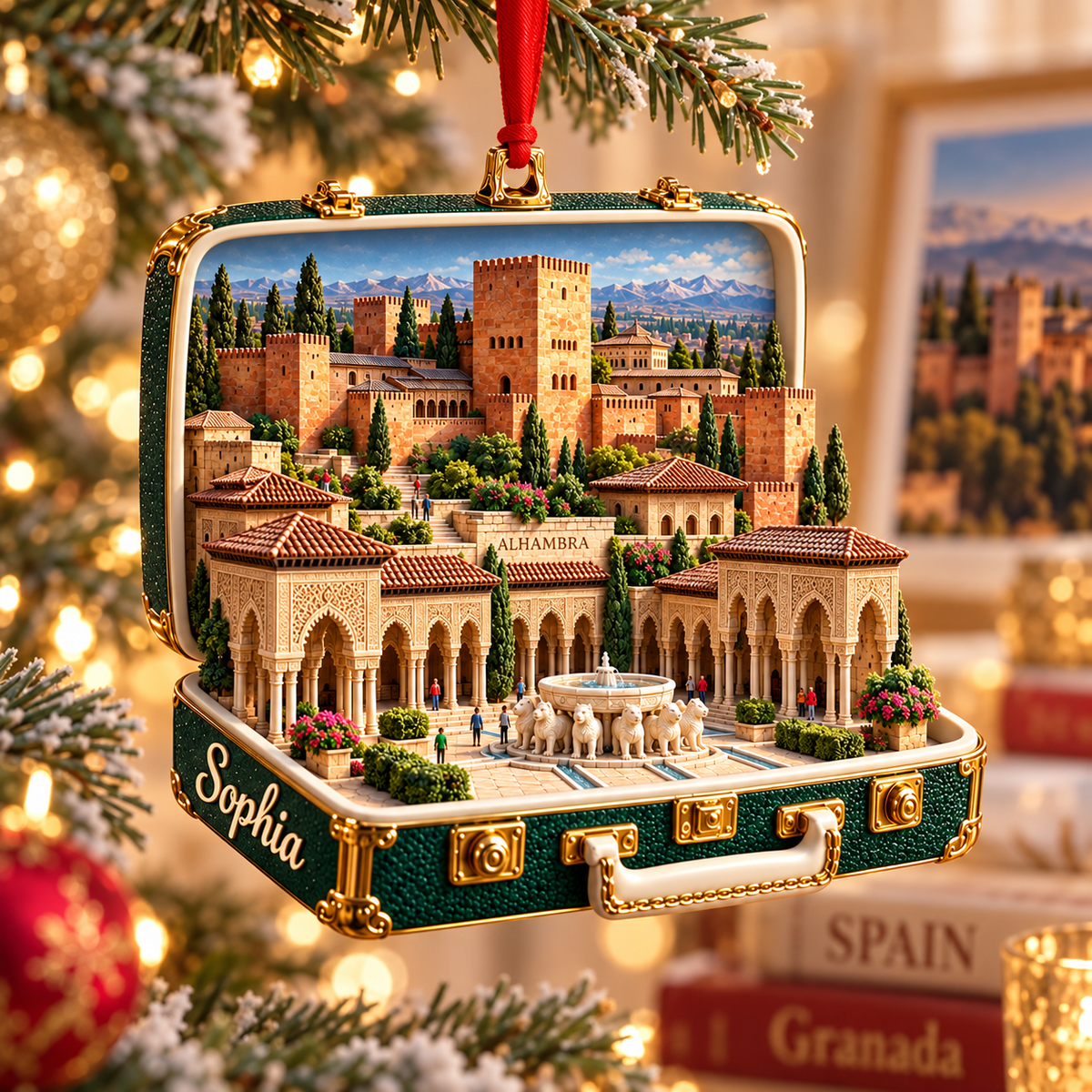 Personalized 3D Alhambra Suitcase Christmas Ornament – Granada Spain Travel Souvenir & Gift for Spain Lovers fb5219d9-71c2-438a-8c0f-d5729016756a-Emerald-Alhambra-Christmas-Ornament-1.png