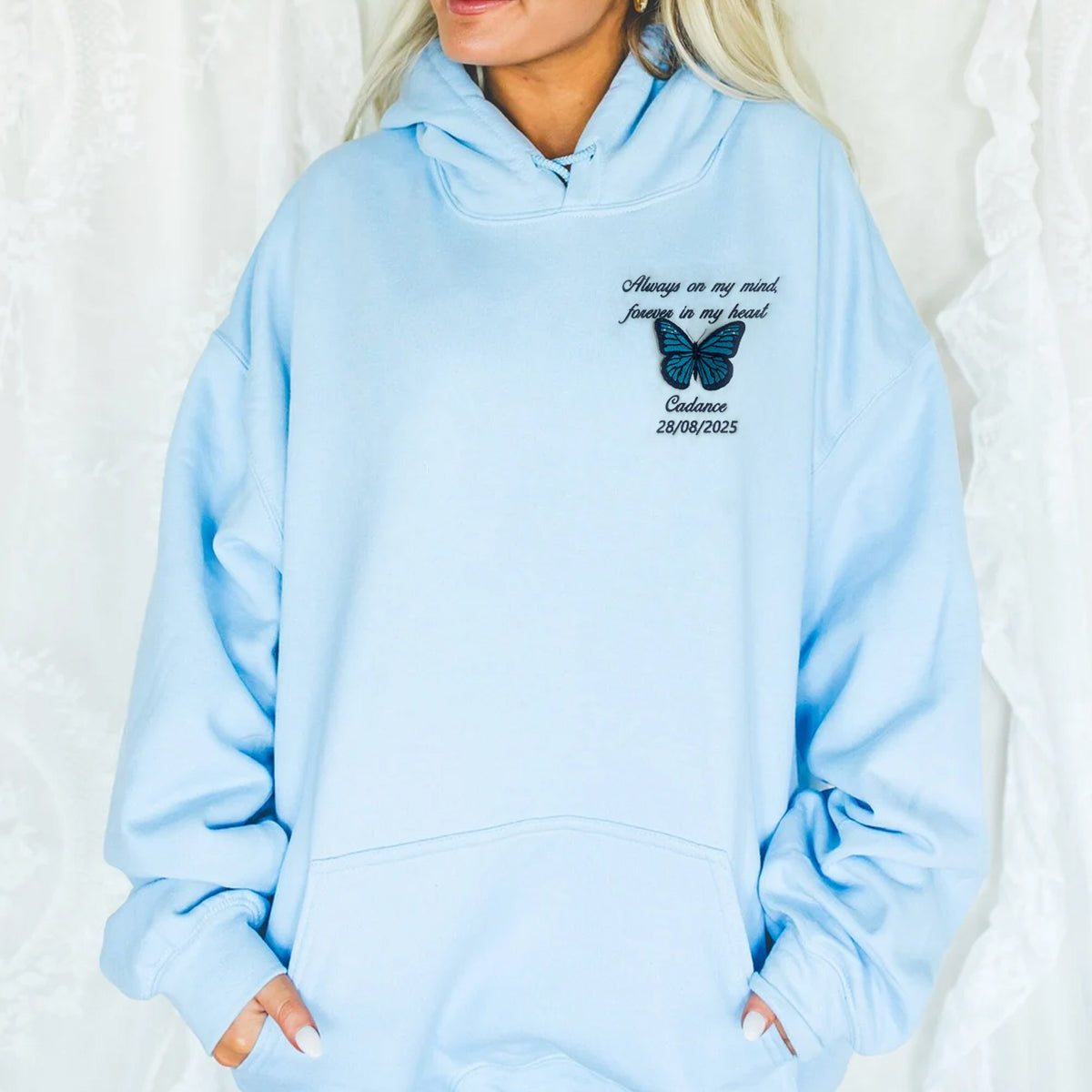 Embroidered Butterfly Memorial Hoodie - Custom Name, Date & Quote Sweatshirt - A Big Piece of My Heart Lives In Heaven fbbfbfbf.jpg