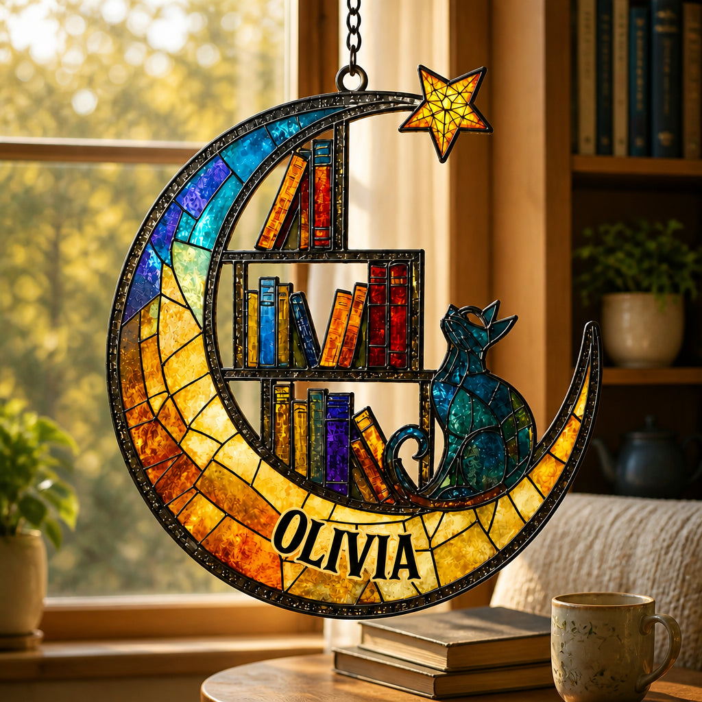 Personalized Stained-Glass Cat & Books Suncatcher - Personalized Suncatcher Stained Glass fbdac54e-353e-4672-b66f-e3349ed0ab20.jpg