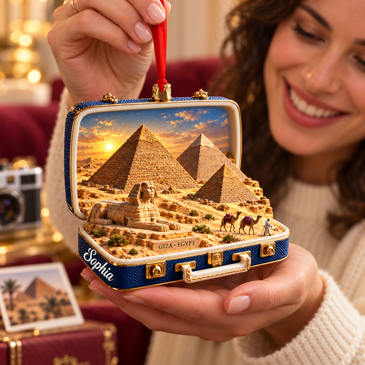 Personalized 3D Giza Pyramids Suitcase Christmas Ornament – Giza Egypt Travel Souvenir & Gift for Egypt Lovers fbe129cf-149d-403f-b241-ad666c743dd2-Giza-suitcase-ornament-gift-moment-2.png