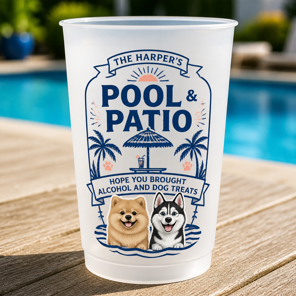 Custom Pool & Patio Frosted Cup – Family Name + 2 Pet Portraits - Personalized Plastic Frosted Water Cup fc07f969-4975-47bb-bb54-082ad0e7e60d.png