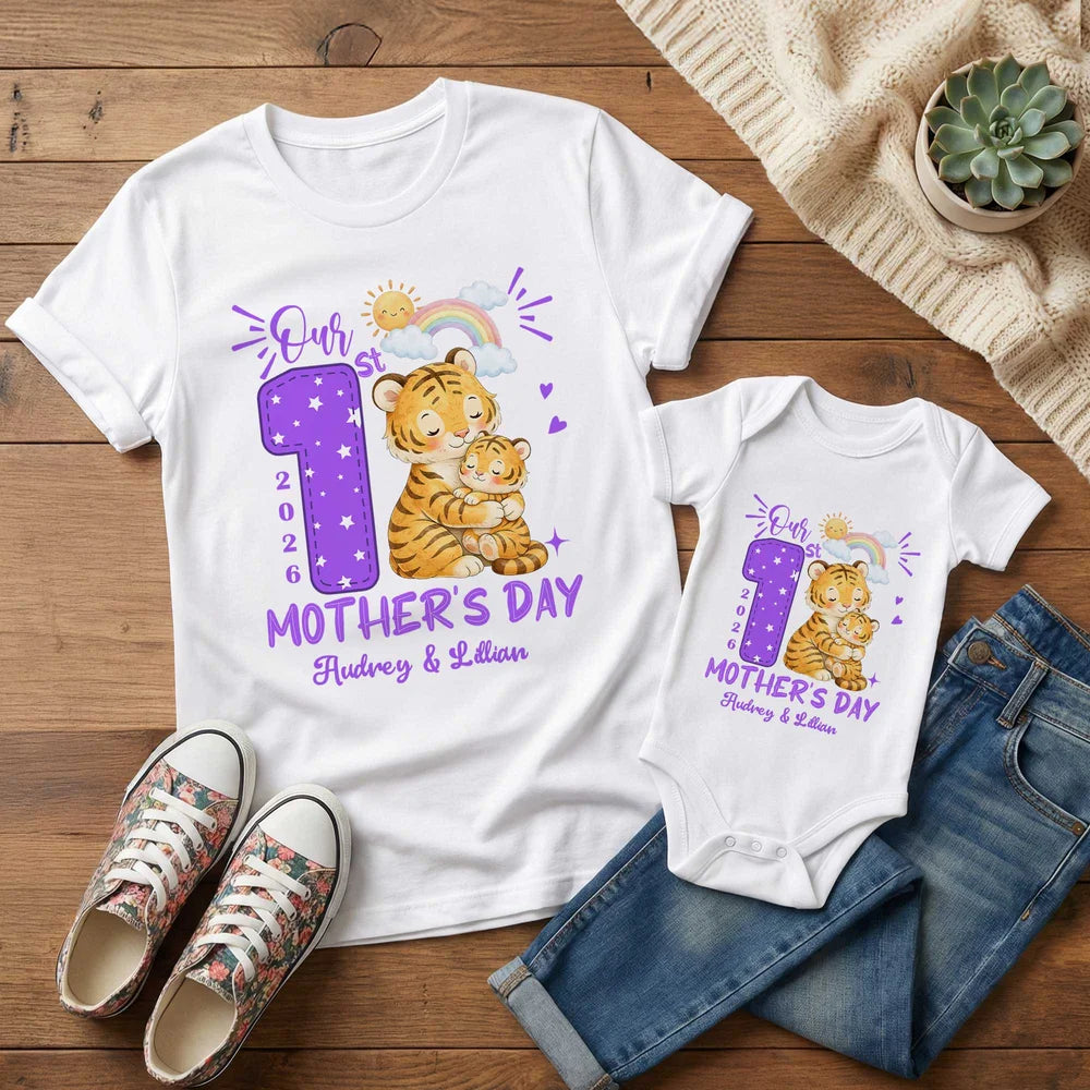 Personalized 1st Mother's Day Animal Mom Baby T-shirt Baby Bodysuit Matching Outfit with Names and Year Mother's Day Gift for Baby Mom