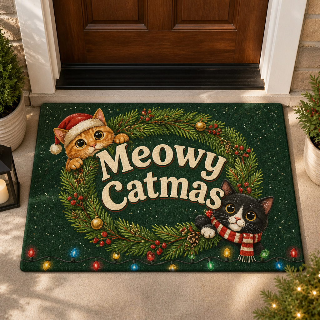 Meowy Catmas Holiday Cats Doormat – Wreath Edition - Doormat fc7ae000-23d6-4515-8229-dfd80ab4186e.png
