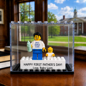 Personalized Minifigure Set with Custom Display Case , First Fathers Day Personalised Mini Figure Gift for Dad, Custom Daddy & Baby Keepsake