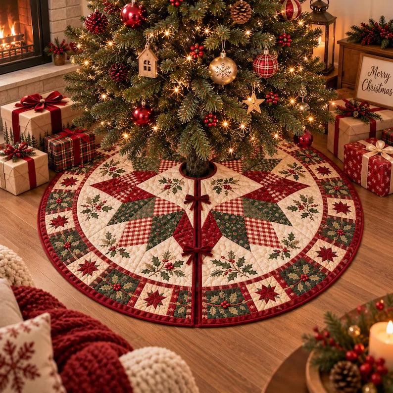 Christmas Tree Skirt, Quilted Patchwork Tree Skirt, Farmhouse Christmas Tree Decor, Red Green Holiday Tree Skirt, Rustic Xmas Decoration fccda83c-5564-4828-b1f3-f9b60cf76ab0-fgtfg-3-.webp