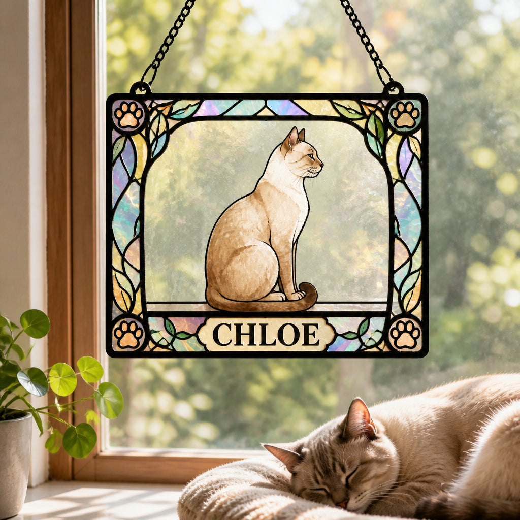 Personalized Cat Stained-Glass Suncatcher – Art Nouveau Frame - Personalized Rectangle Stained Glass Suncatcher (PW) fcfa37ba-6357-4b9e-8b88-2ada01090dce.jpg