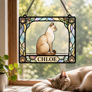 Personalized Cat Stained-Glass Suncatcher – Art Nouveau Frame - Personalized Rectangle Stained Glass Suncatcher (PW) fcfa37ba-6357-4b9e-8b88-2ada01090dce.jpg