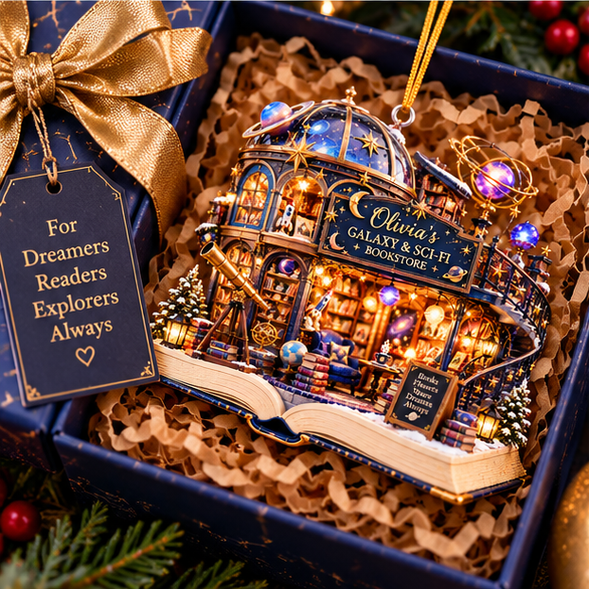 Personalized Galaxy & Sci-Fi Bookstore Christmas Ornament – Custom Name 2D Flat Acrylic Ornament, Space Fantasy Book Lover Gift fd25e59d-c54a-409f-add7-59cfa37fcf17-olivia_galaxy_bookstore_03_gift_box_1200.png