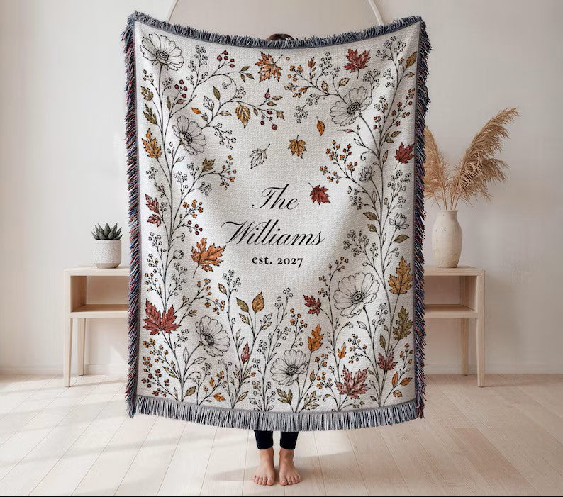 Personalized Fall Woven Blanket, Custom Family Name Throw, Autumn Wedding Gift for Couple, Cotton Anniversary Gift, Bridal Shower Decor fd4c61e5-d1bb-4510-97ff-b69d7f697278-rtrewew.jpg