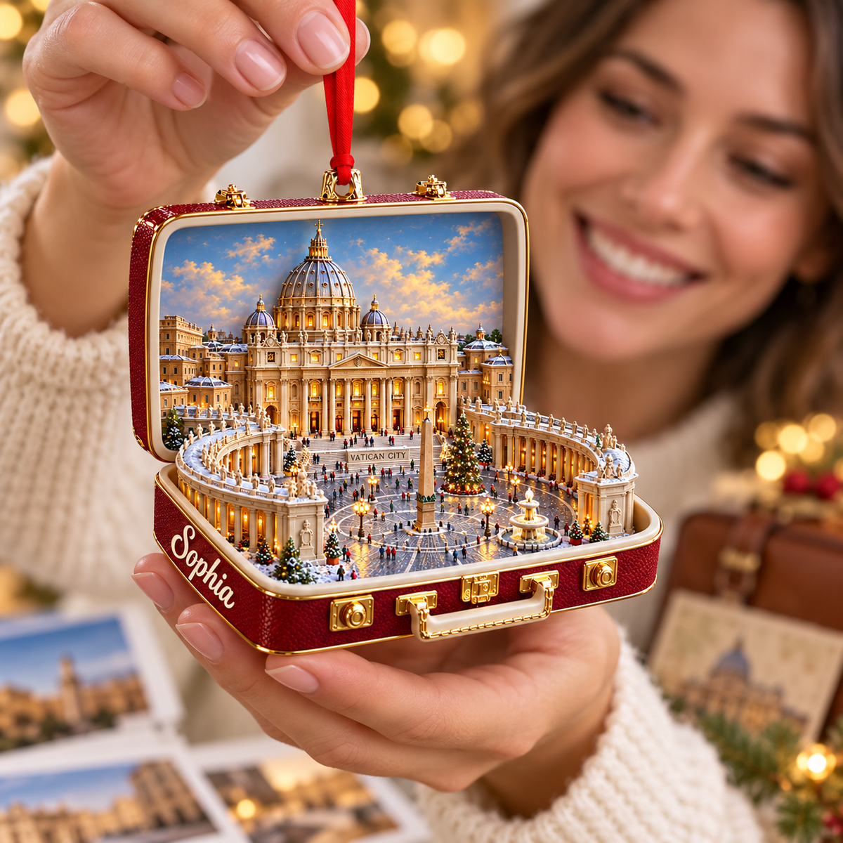 Personalized St. Peter's Basilica 3D Suitcase Christmas Ornament – Vatican City Travel Souvenir & Catholic Gift fd4cfa82-0505-475a-9b17-e8b77a2f6674-Vatican-City-suitcase-ornament-gift-reveal-2.png