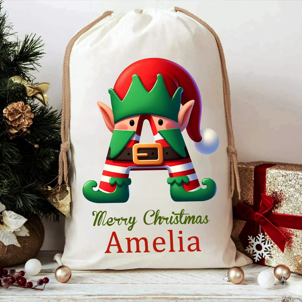 Personalised Christmas Tree Snowman Elf Igloo Drawstring Canvas Gift Bag with Name Initial Christmas Party Favors Gift for Kids Family