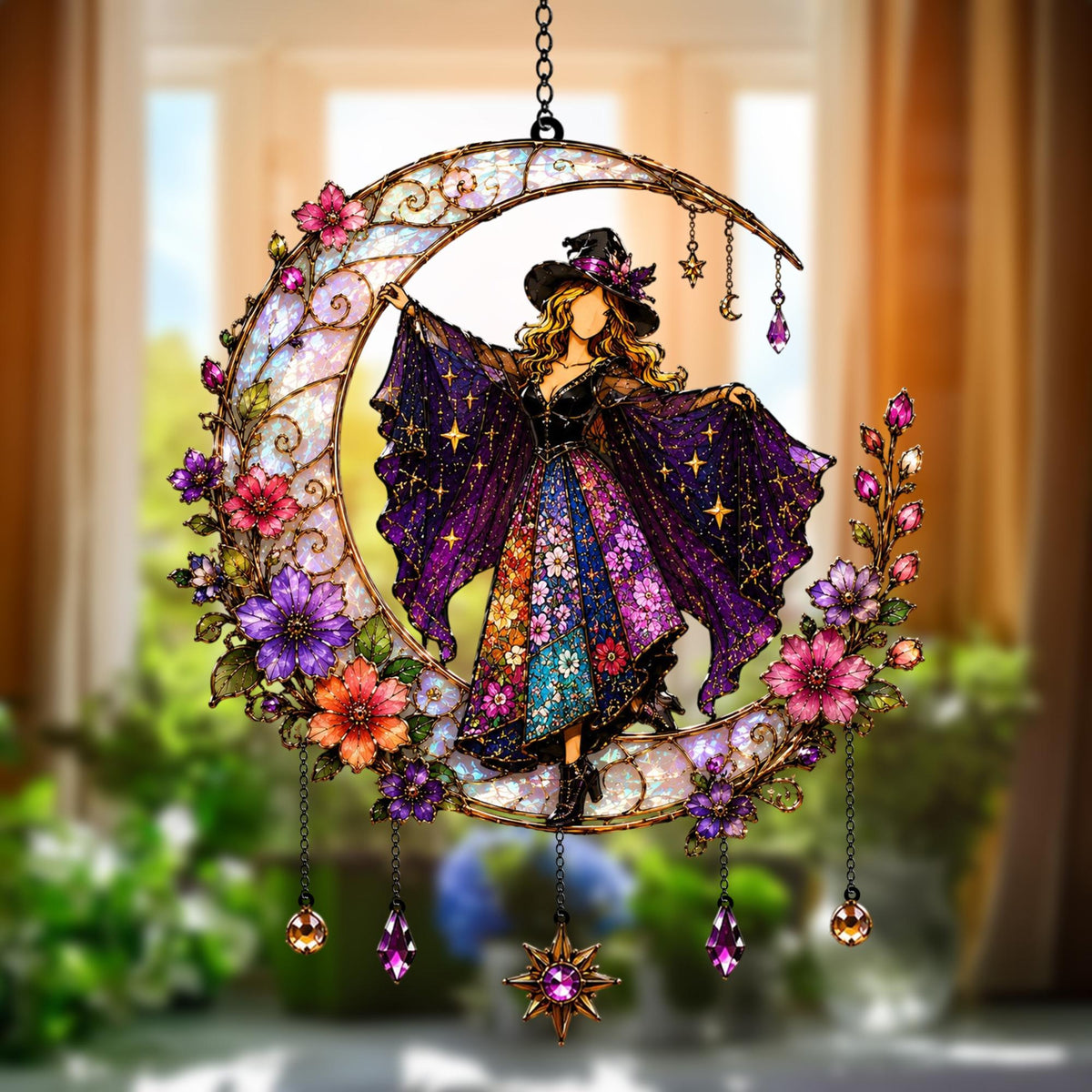 Mystical Witch Moon Stained Acrylic Suncatcher, Floral Celestial Window Hanging, Gothic Halloween Sun Catcher Decor, Witchy Gift for Her fd6f30f0-14f9-430b-8fe0-a9068d206eb9-4.jpg