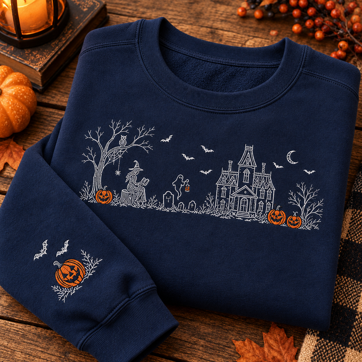Embroidered Haunted Manor Halloween Sweatshirt: Choose Gildan or Pigment Dyed Vintage Line Art Crewneck, Retro Halloween Scene fd851a6c-2562-4ce1-bd42-2a91a4b326c1-3a48ee59-06a2-4759-b398-2ebd88ca52c7.png