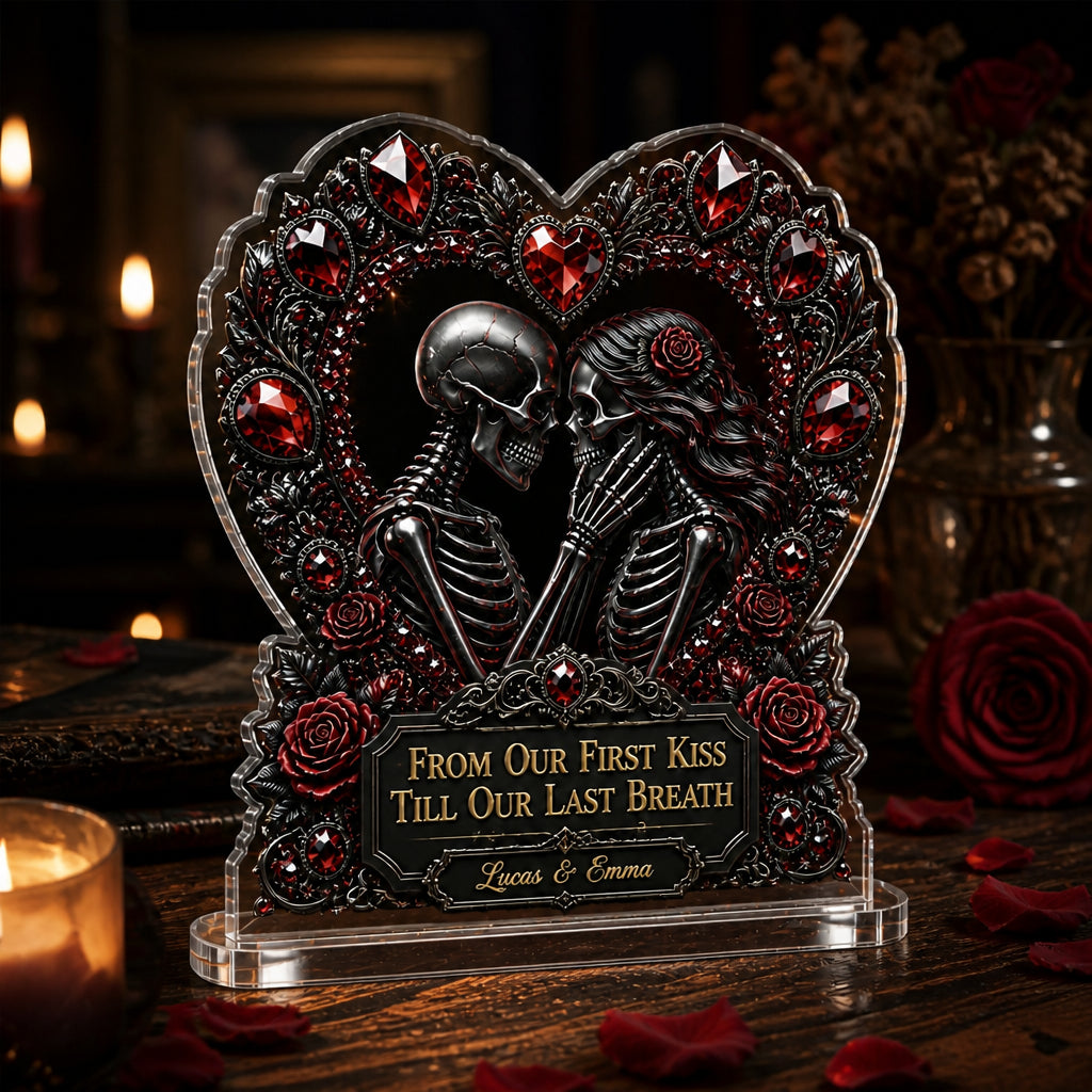 Gothic Skeleton Lovers Heart Acrylic Plaque – From Our First Kiss – Personalized Names - Personalized Heart Shaped Acrylic Plaque fdba2dab-8b04-47f8-8ab8-aad006a78f78.jpg
