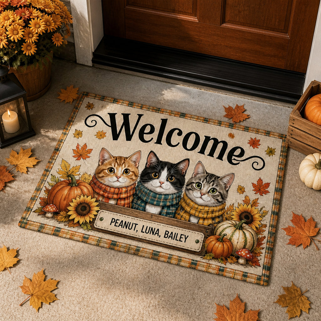 Autumn Cats Welcome Doormat – Personalized Pet Names - Personalized Doormat fdf8abd1-89ed-44d6-8a8b-9fb7e120e1ae.jpg