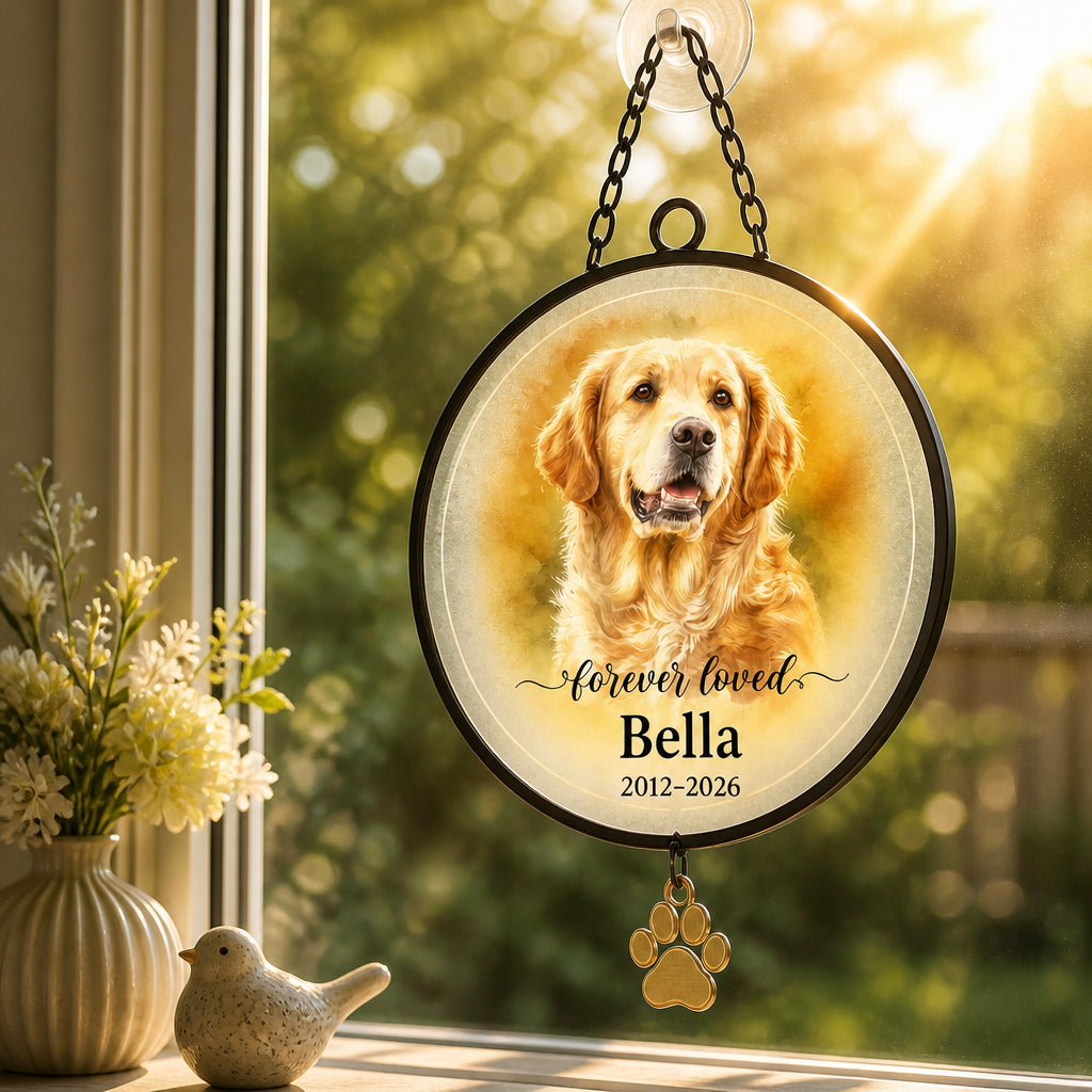 Pet Memorial Stone – Forever Loved Portrait - Personalized 1 Layered Suncatcher with Charm fe12b77f-830a-4dfc-9f87-fc16b7c4e8d3.jpg