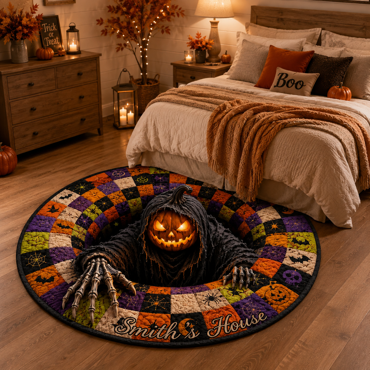Personalized Quilted Round Halloween Rug, Custom Name Pumpkin Reaper Rug, Spooky Patchwork Decor, Gothic Horror Doormat, Halloween Gift fe19ad79-a340-423c-951a-ab02c3bfa59f-d555b9a4-55d8-45c5-9f0f-840b49b9fff4.png