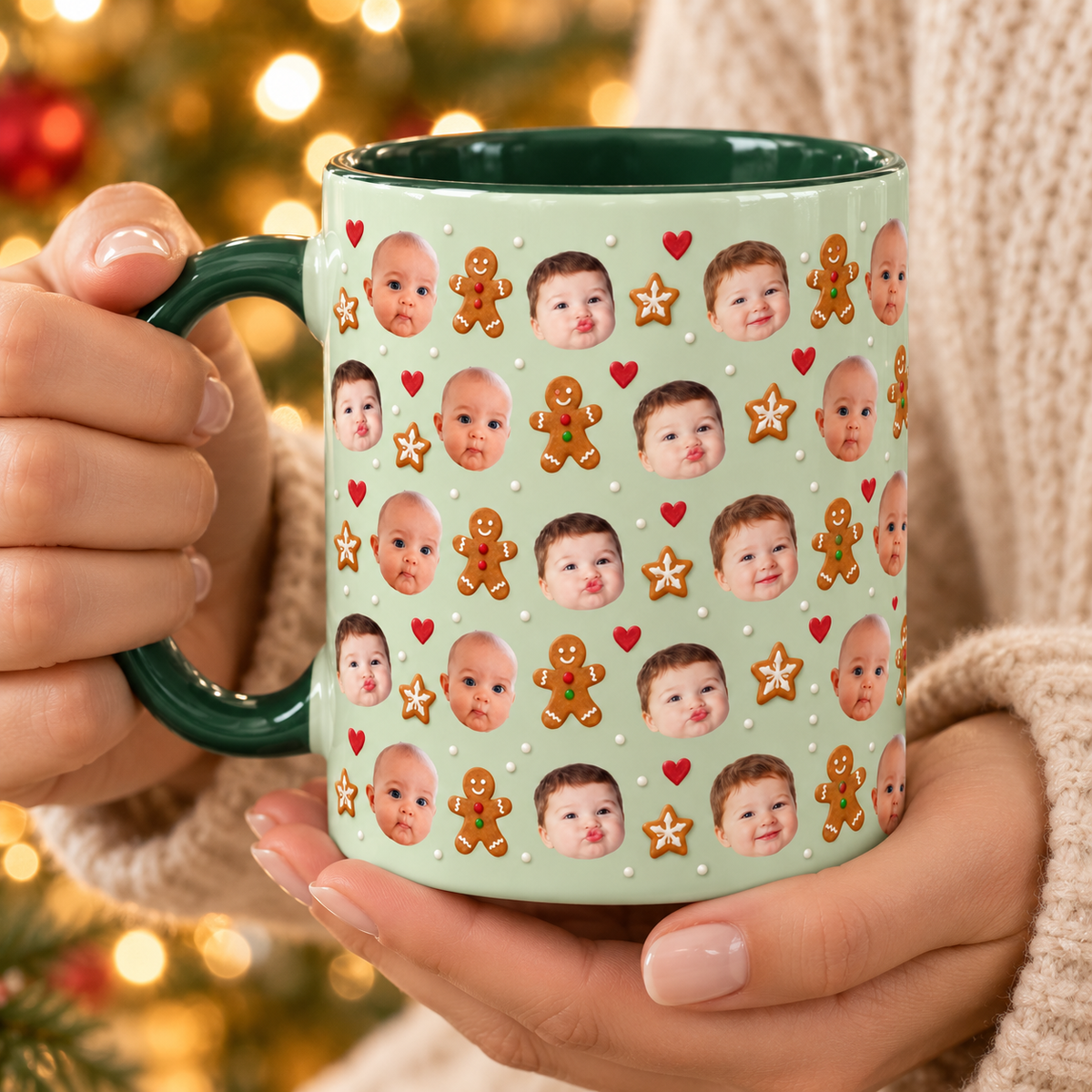 Personalized Christmas Photo Mug, Custom Baby Face Coffee Cup with Gingerbread Cookies and Hearts, Holiday Gift for Mom and Grandma fe2c33bd-6863-4790-ad5e-bf4bf217087d-Sage-green-gingerbread-sweeties-photo-mug-2.png