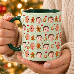 Personalized Christmas Photo Mug, Custom Baby Face Coffee Cup with Gingerbread Cookies and Hearts, Holiday Gift for Mom and Grandma fe2c33bd-6863-4790-ad5e-bf4bf217087d-Sage-green-gingerbread-sweeties-photo-mug-2.png