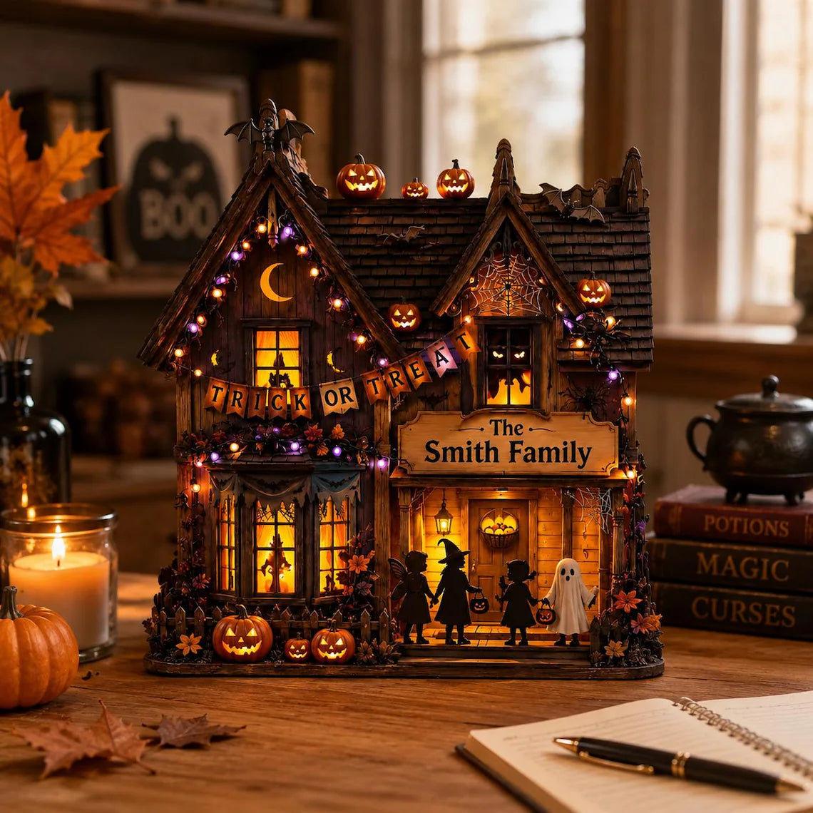 Personalized Halloween Wooden Block, Lighted Haunted House Family Name Decor, Trick or Treat Pumpkin Shelf Decor, Spooky Fall Gift fe2d8299-f19b-4ecf-978a-bbdcac11fbe1-3.webp