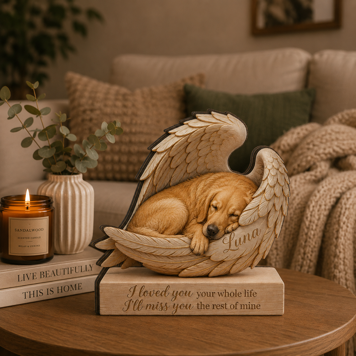 Personalized Wood Golden Retriever Memorial Block: Custom Angel Wing Dog Portrait Stand, Pet Sympathy Gift