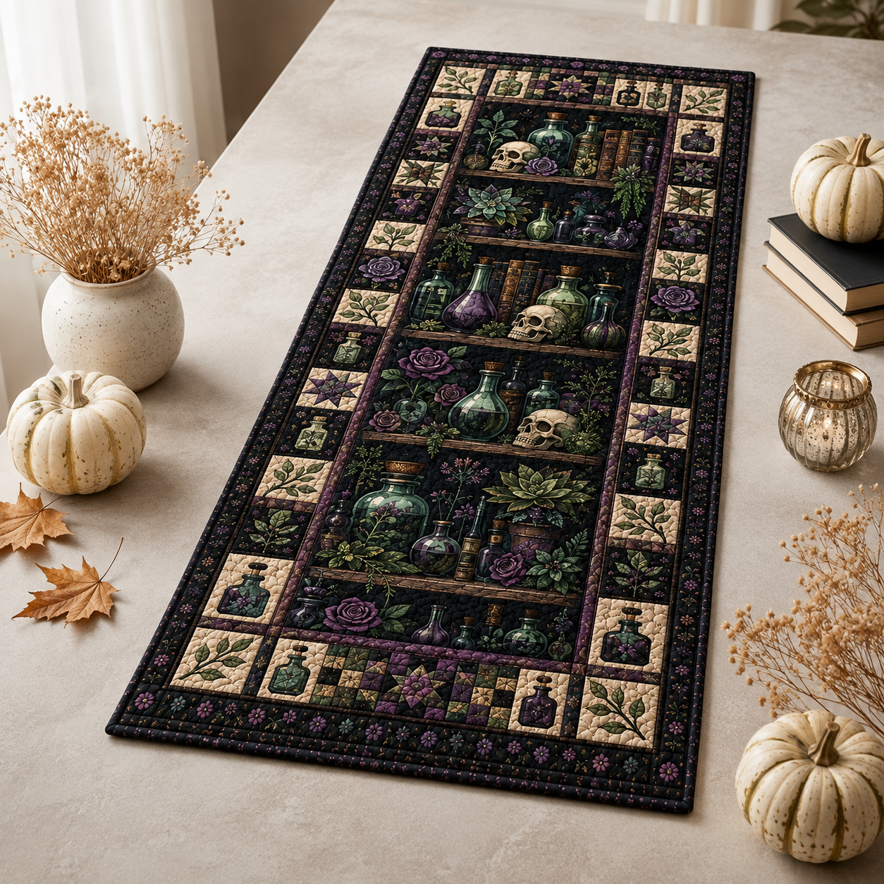 Witchy Apothecary Quilted Table Runner, Potion Bottles & Skulls Gothic Halloween Table Decor, Dark Botanical Kitchen Decor fe695971-76c6-4d86-aa63-dddb99c4f79d-Image-Aug-13-2026-02_53_32-PM-4-.png