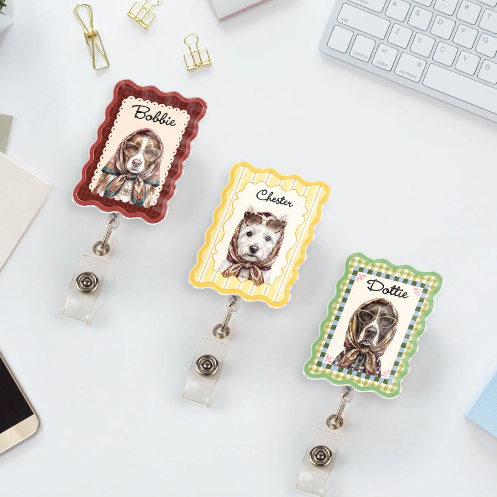 Personalized Dog Portrait Badge Reel – Vintage Headscarf Dog Photo Name Badge Reel – Custom Retractable ID Holder for Nurses & Teachers fe745cd5-a0fb-43ba-8b9f-c75391bae209-1.webp
