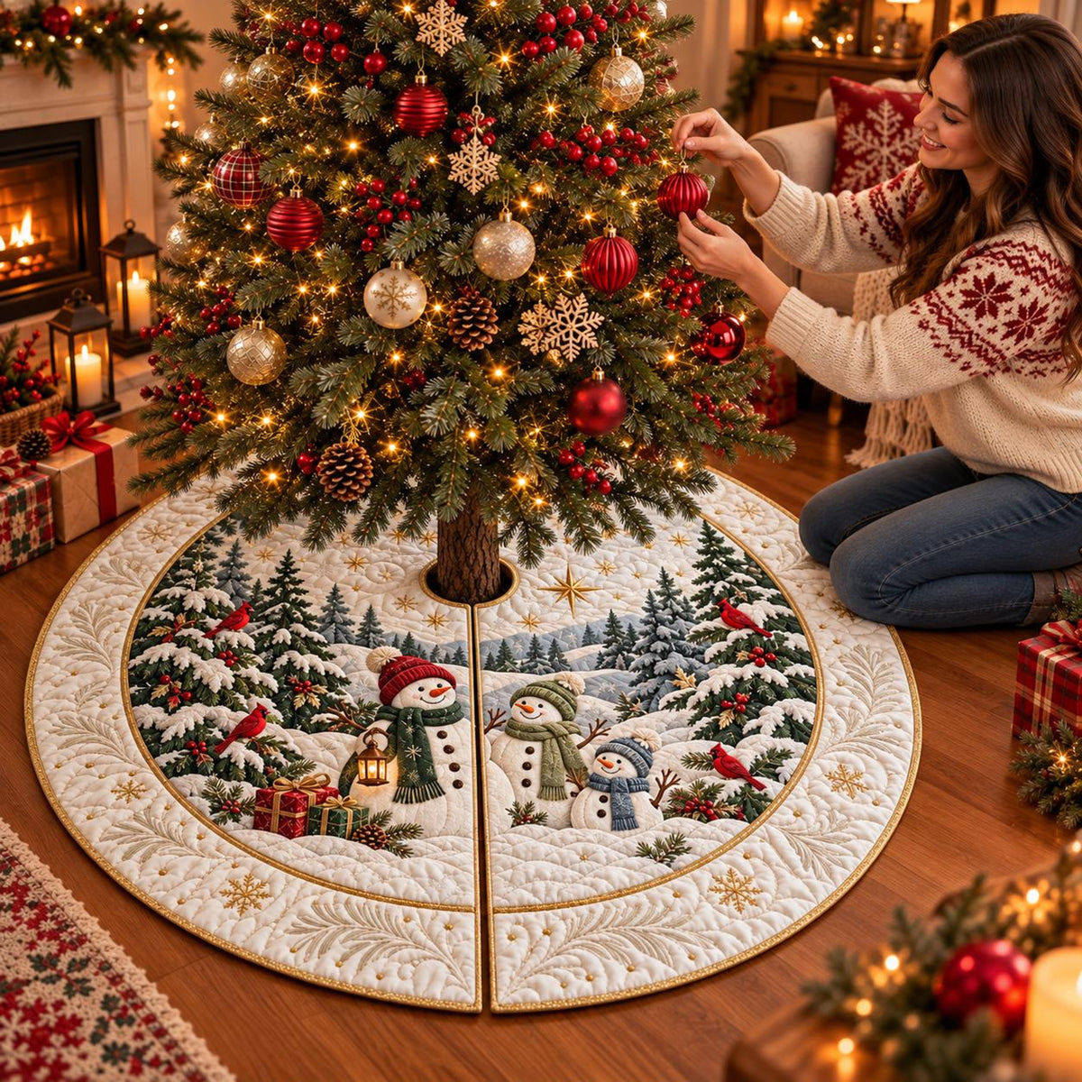 Snowman Family Christmas Tree Skirt, Winter Cardinal Holiday Decor fe82d040-cdc1-4eb0-ac9b-f99d215ad8e6-3.jpg
