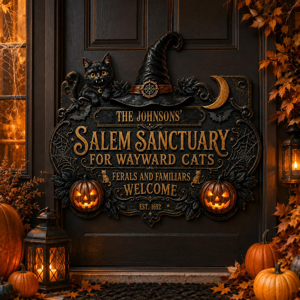 Personalized Salem Sanctuary for Wayward Cats Cut Metal Sign, Custom Family Name Halloween Cat Wall Decor, Black Cat Witch Sign, Spooky Front Door or Porch Decoration fe9debe9-066f-44b8-9b22-f95050750c01-banner-3.png