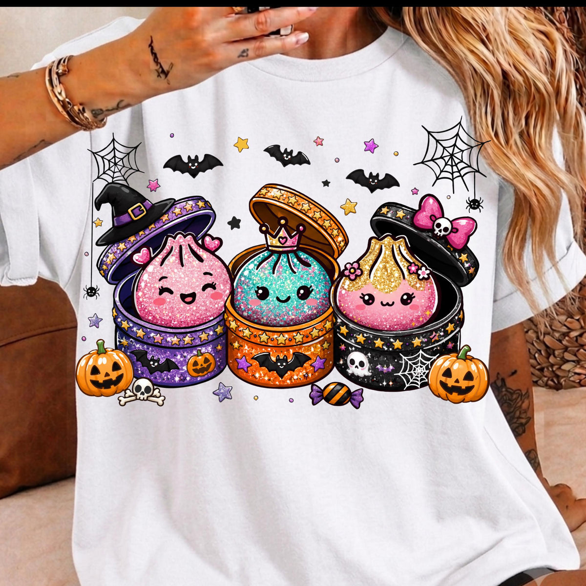 Cute Halloween Dumpling Girls T-Shirt – Glitter Witch Bao Buns, Bats & Pumpkins Spooky Season Tee for Girls ff00721d-fb09-48d3-96f9-22576dcf8564-1.jpg