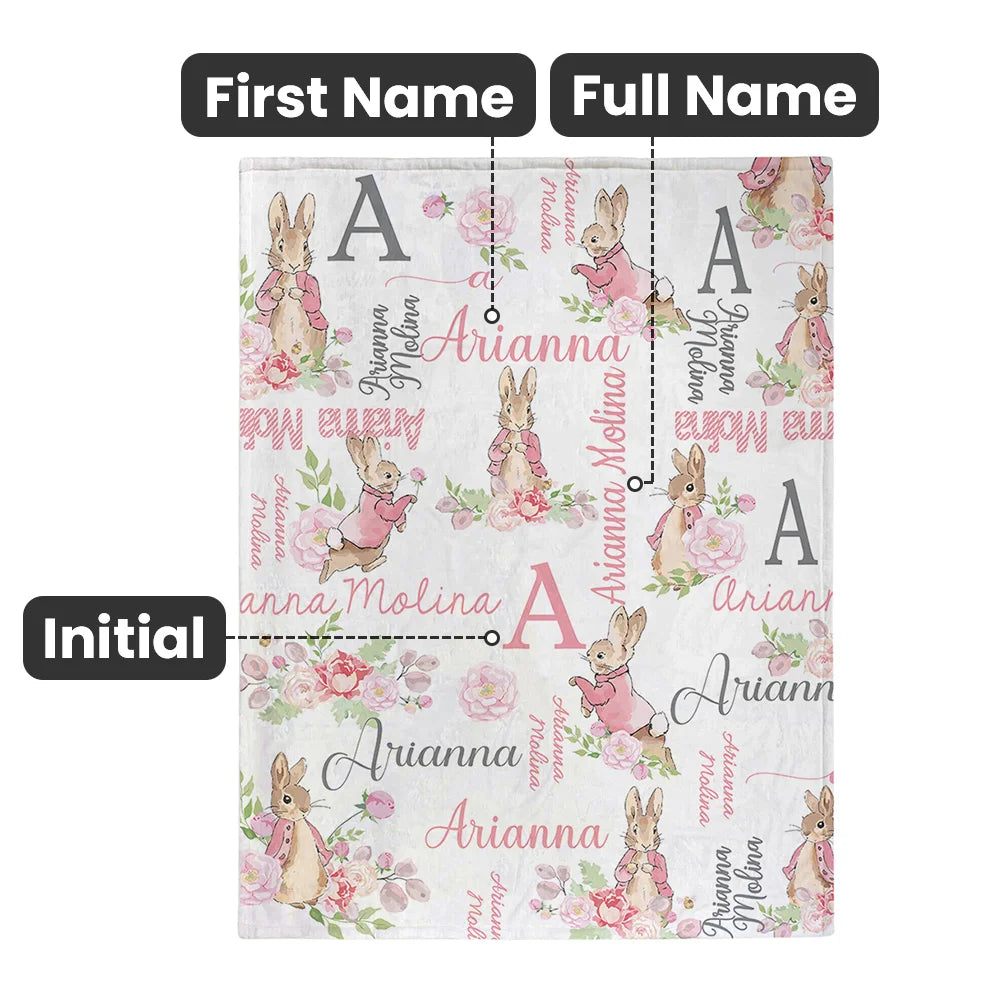 Personalised Peter Rabbit Bunny Floral Blanket with Initial and Name Easter Birthday Gift for Kids