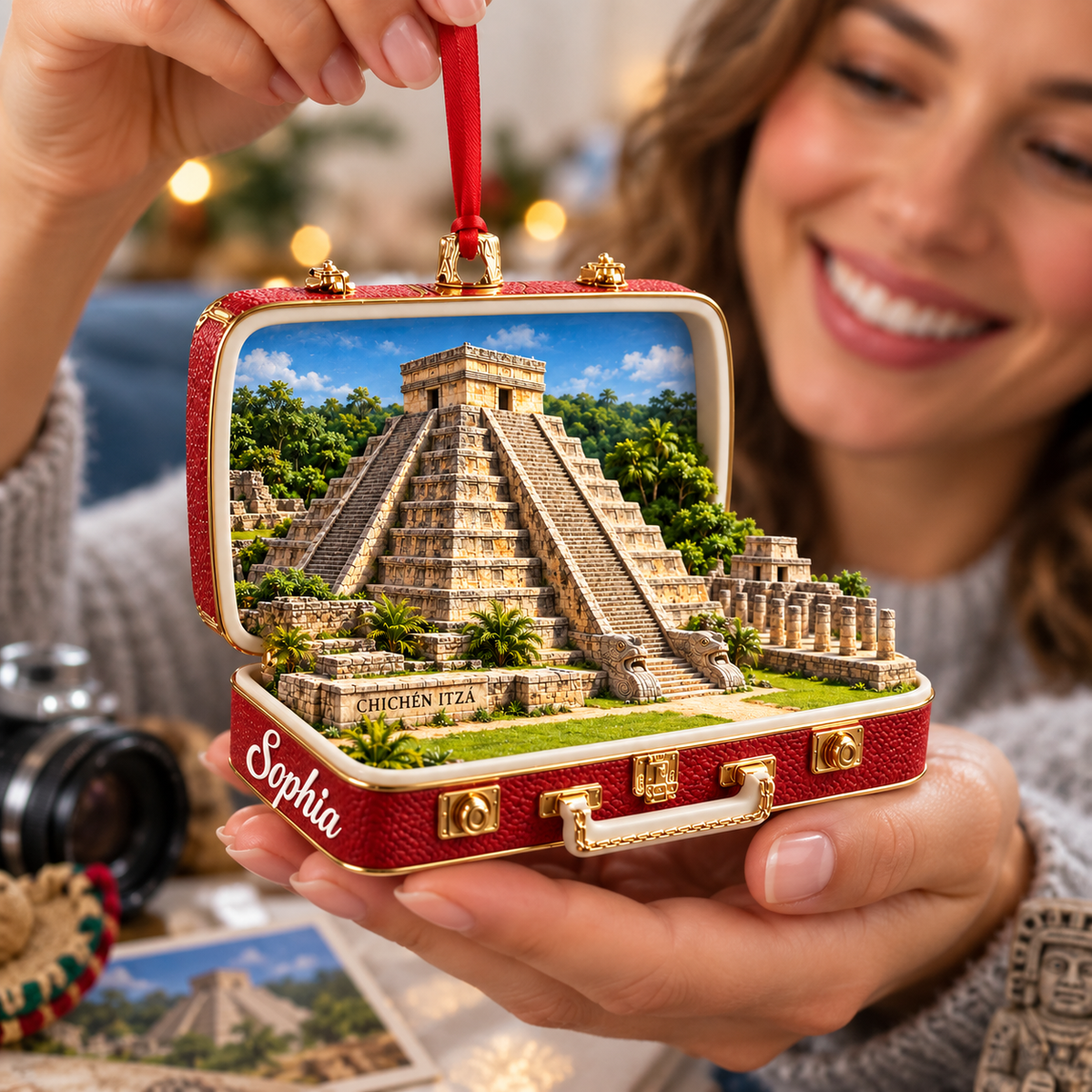 Personalized 3D Chichen Itza Suitcase Christmas Ornament – Yucatan Mexico Travel Souvenir & Gift for Mexico Lovers ff4f2d18-3773-45d1-86dd-39df6761089a-Chich-n-Itz-Ornament-Gift-Moment-2.png