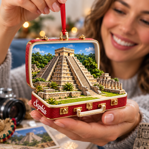 Personalized 3D Chichen Itza Suitcase Christmas Ornament – Yucatan Mexico Travel Souvenir & Gift for Mexico Lovers ff4f2d18-3773-45d1-86dd-39df6761089a-Chich-n-Itz-Ornament-Gift-Moment-2.png