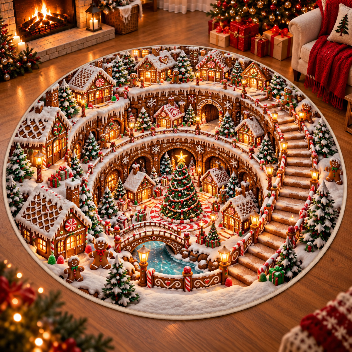 Gingerbread Village 3D Illusion Round Rug, Candy Cane Christmas Floor Mat, Winter Wonderland Area Carpet, Festive Holiday Home Decor ff81a32c-068d-4e93-b8bc-70e150eda8d4-Gingerbread-Wonderland-Spiral-Christmas-Rug.png