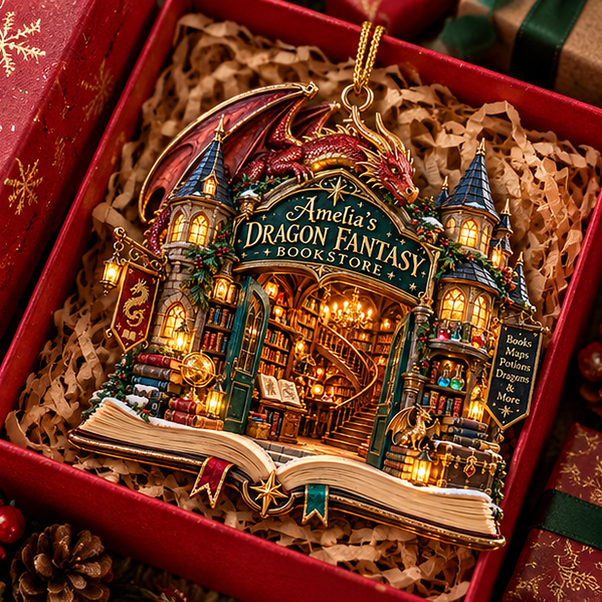 Personalized Dragon Fantasy Bookstore Christmas Ornament – Custom Name 2D Flat Ornament, Magical Book Lover Gift ffaaeccc-e31a-4bfb-97d5-e754716146de-amelia_dragon_bookstore_02_gift_box.png