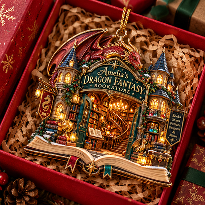 Personalized Dragon Fantasy Bookstore Christmas Ornament – Custom Name 2D Flat Ornament, Magical Book Lover Gift ffaaeccc-e31a-4bfb-97d5-e754716146de-amelia_dragon_bookstore_02_gift_box.png