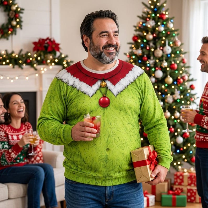 Funny Green Fur Ugly Christmas Sweatshirt, Fake Abs Santa Clause Ugly Sweatshirt, Green Christmas Cosplay Outfit, Christmas Party Costume, Funny Gìt ffc163af-74dd-4c94-a481-691fea5ffca5-p5.jpg