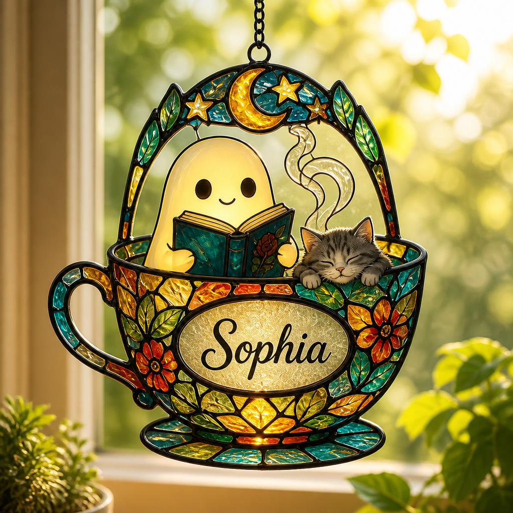Stained Glass Teacup Suncatcher – Reading Ghost & Cat – Custom Name - Personalized Suncatcher Stained Glass fff9b4dc-9771-4e1f-aabb-623cc72ad70f.png