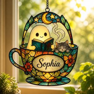 Stained Glass Teacup Suncatcher – Reading Ghost & Cat – Custom Name - Personalized Suncatcher Stained Glass fff9b4dc-9771-4e1f-aabb-623cc72ad70f.png