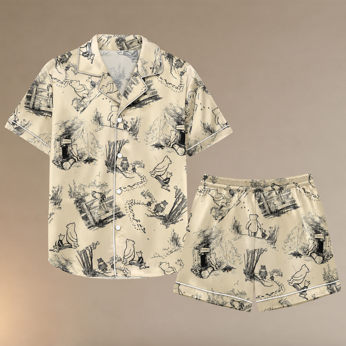 Vintage Pooh Satin Pajama Set for Women, Aesthetic Sketch Print Sleepwear, Cute Classic Pajamas, Cozy Gift for Her