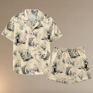 Vintage Pooh Satin Pajama Set for Women, Aesthetic Sketch Print Sleepwear, Cute Classic Pajamas, Cozy Gift for Her