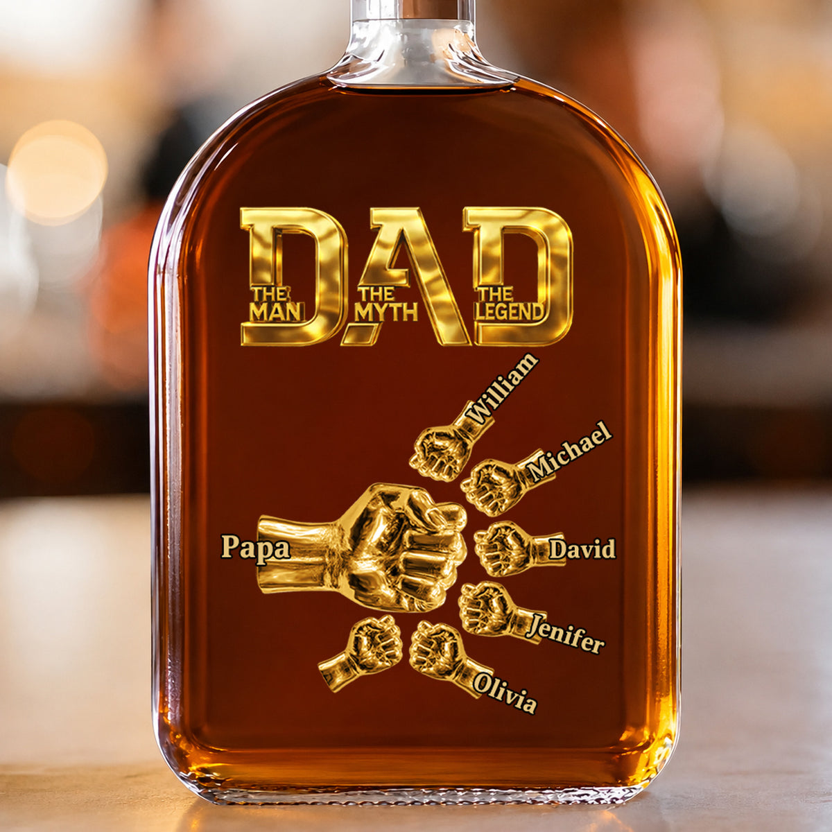 Dad The Man The Myth The Legend - Personalized Whiskey Bottle Fist Bump Daddy , Custom Whiskey Bottle with Kids Name, Gifts for Dad, Daddy, Grandpa, Husband On Fathers Days