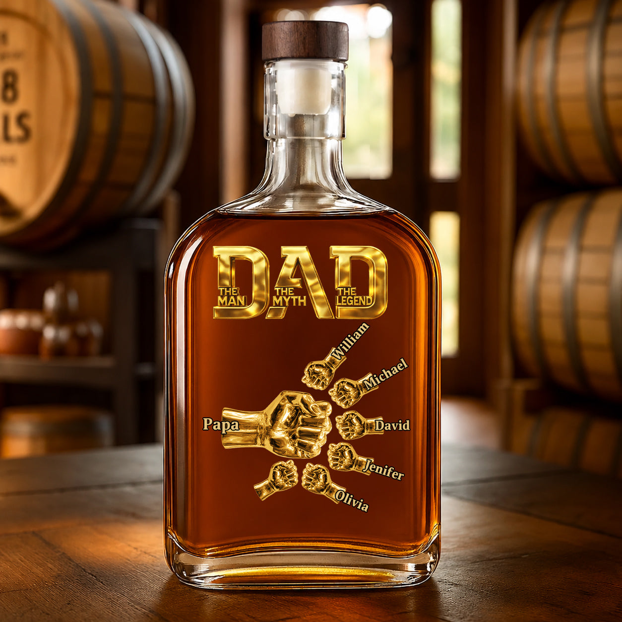 Dad The Man The Myth The Legend - Personalized Whiskey Bottle Fist Bump Daddy , Custom Whiskey Bottle with Kids Name, Gifts for Dad, Daddy, Grandpa, Husband On Fathers Days